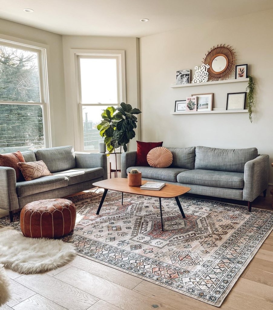 Sofa Set using Layered Textures and Medallion Rug Pairing