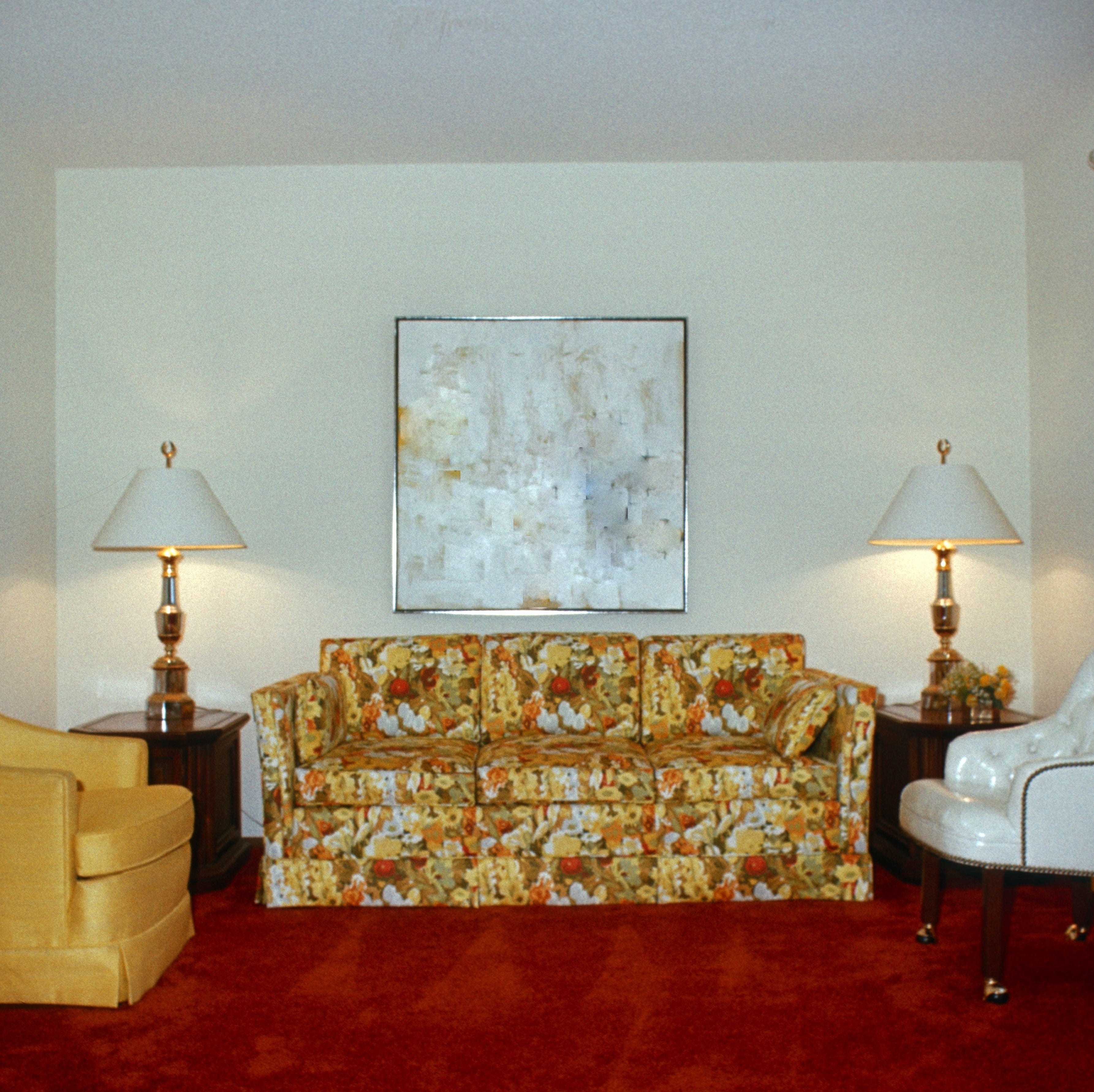 Sofa Set: Vintage Floral Pattern and Ruby Red Shag Carpet