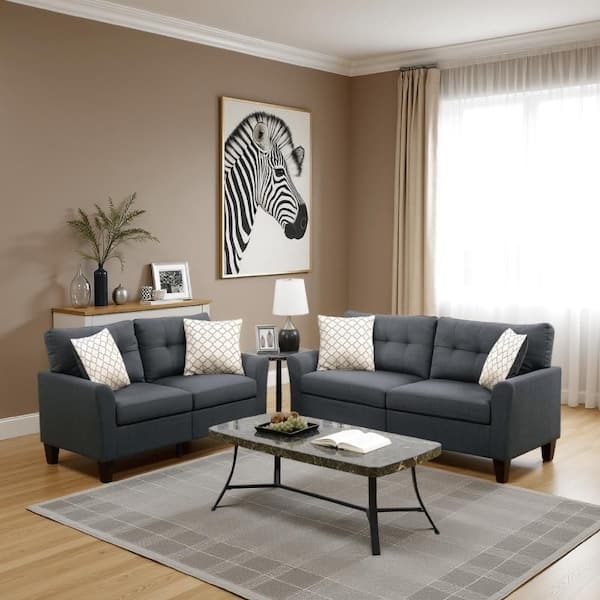 Sofa Set with Charcoal Gray Polyfiber and Tufted Back Detail