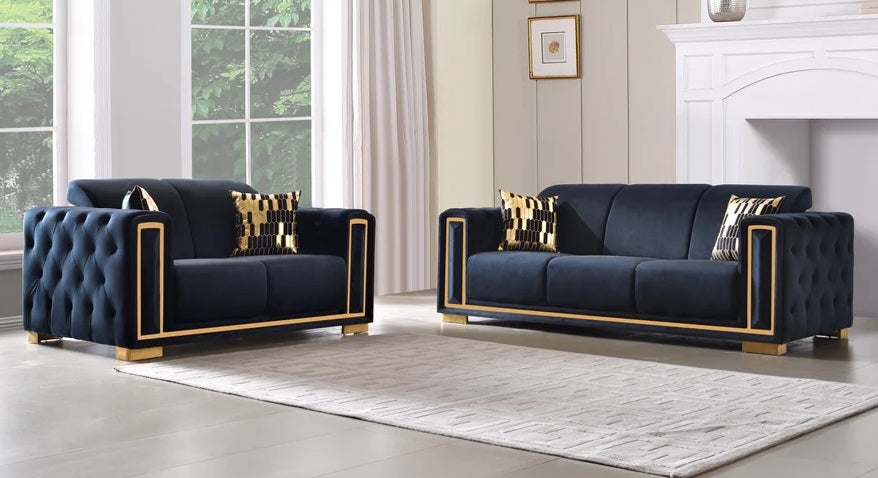Sofa Set with Gold Linear Arm Trim and Contemporary Glam Room