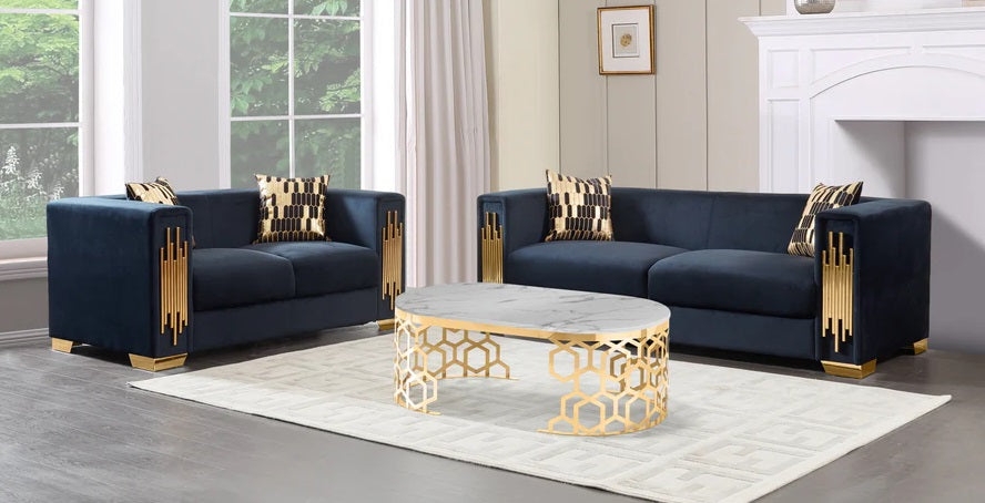Sofa Set with Honeycomb Gold Base and Elegant Blue Velvet