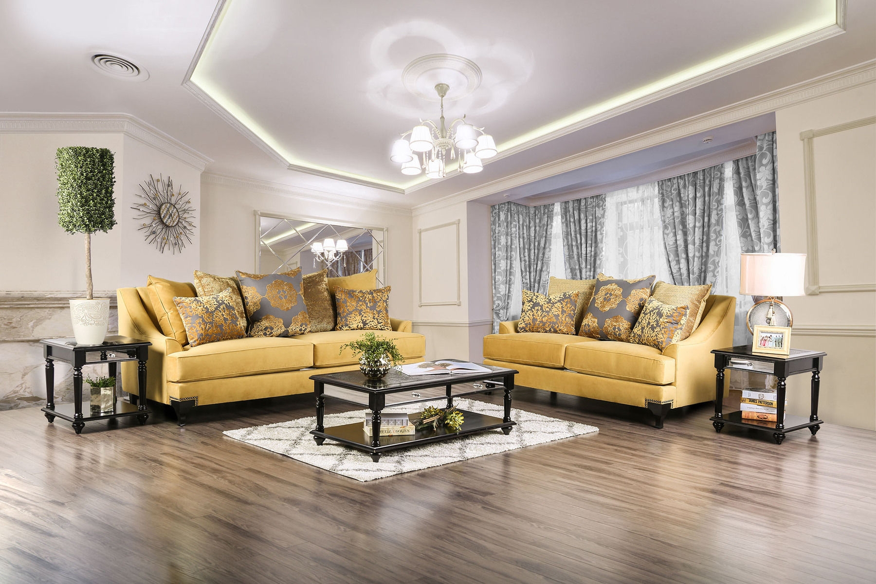 Sofa Set with Medallion Throw Pillows and Yellow Nailhead Trim