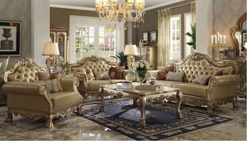 Sofa Set with Ornate Scrollwork Carvings and Antique Finish
