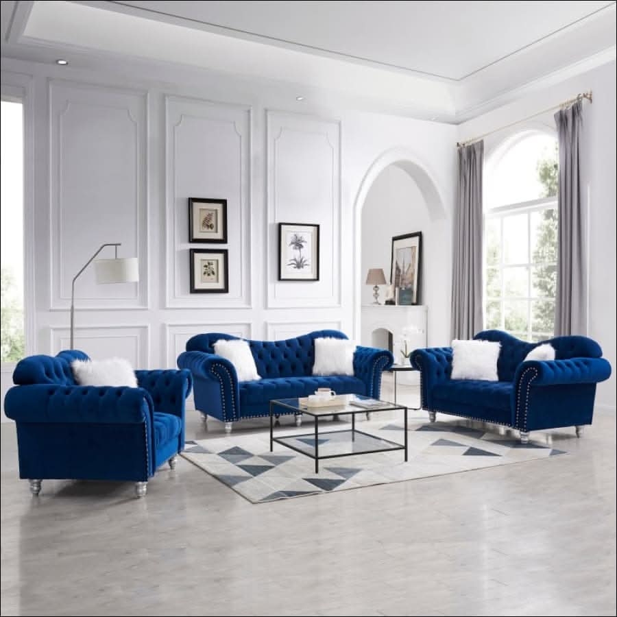 Sofa Set with Royal Blue Velvet and Silver Nailhead Trim