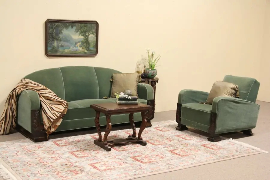 Sofa Set with Sage Green Mohair and Scalloped Backrest