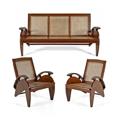 Sofa Set with Spherical Arm Accents and Woven Cane Panels