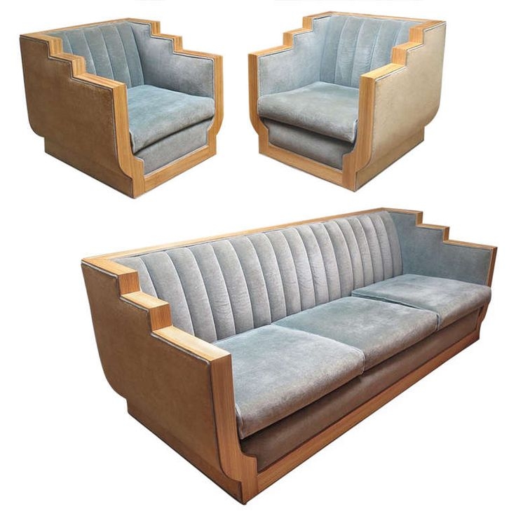 Sofa Set with Stepped Arms and Two Tone Mohair Upholstery