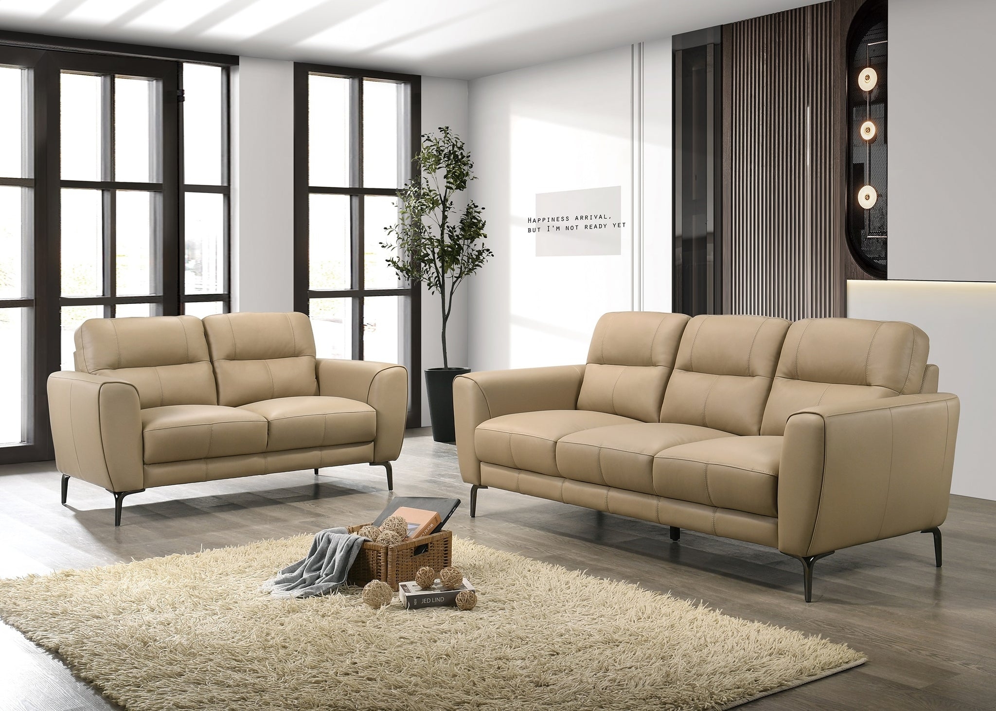 Sofa Set with Stiletto Legs and Taupe Leather Upholstery