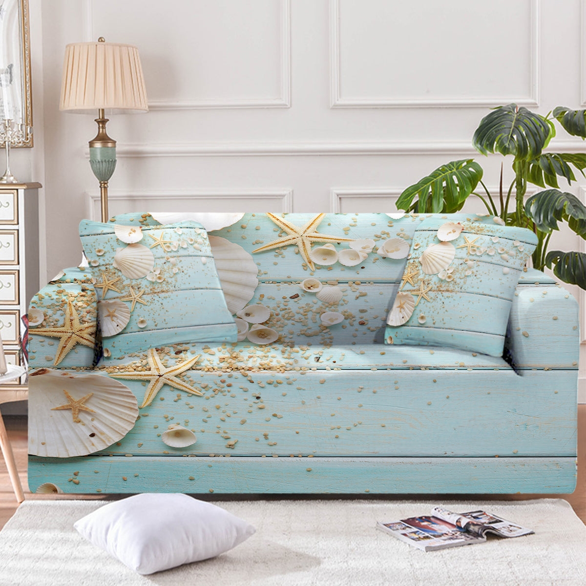 Sofa Slipcover Blue Wood Print Starfish Beach Couch Cover