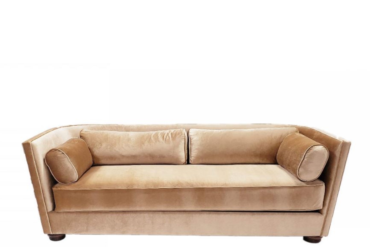 Sofa with Bench Seat and Bolster Pillows in Honey Velvet