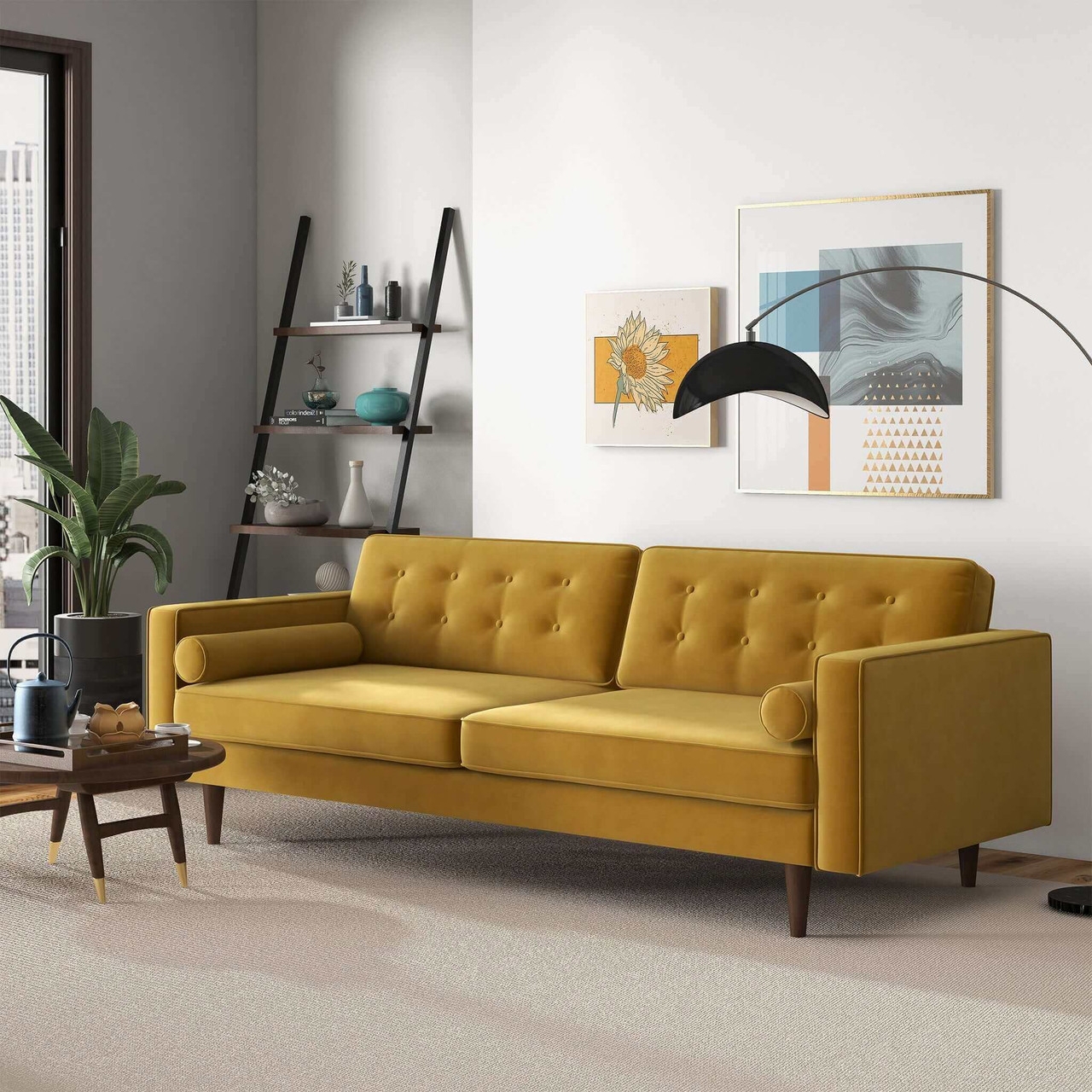 Sofa with Bolster Pillows and Mid Century Modern Mustard Velvet