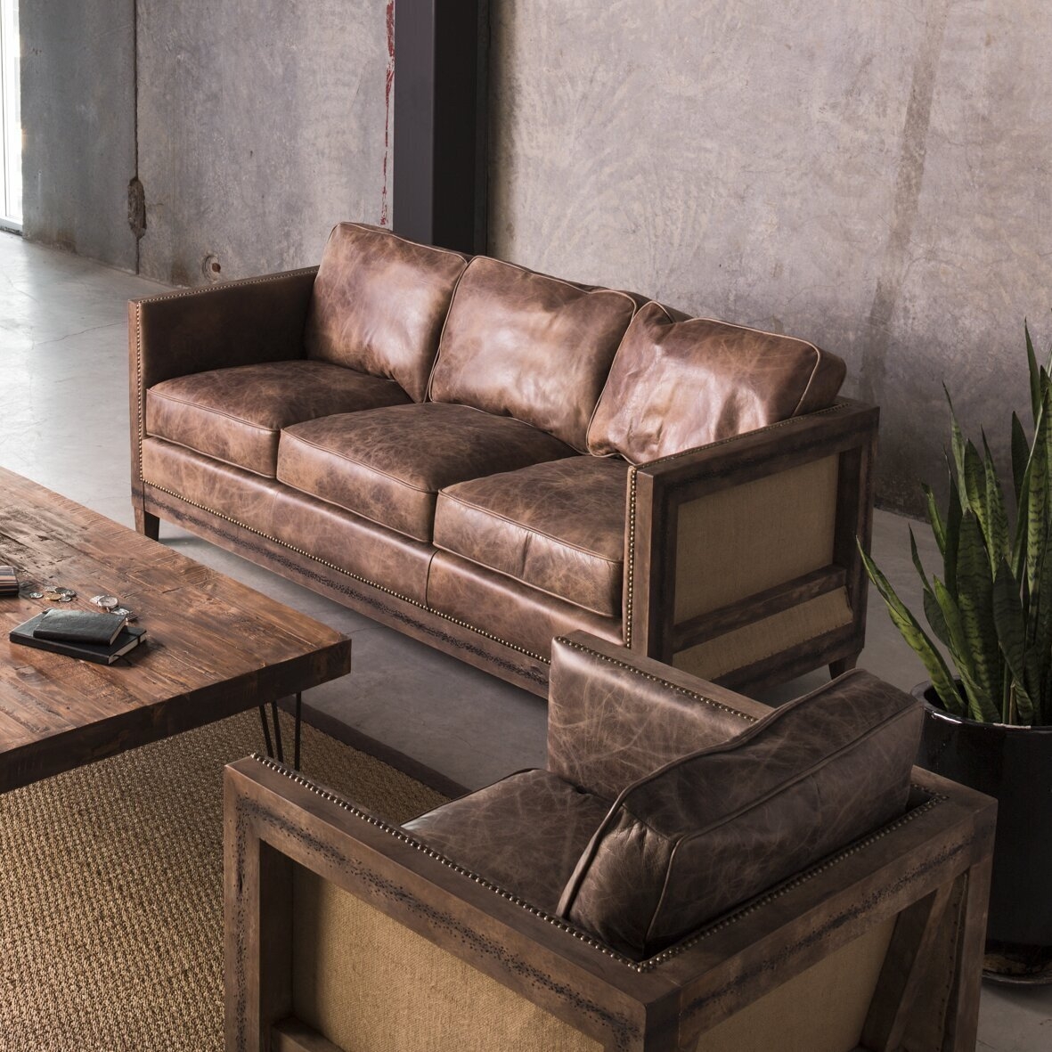 Sofa with Burlap Side Panels Industrial Wood Frame Sofa