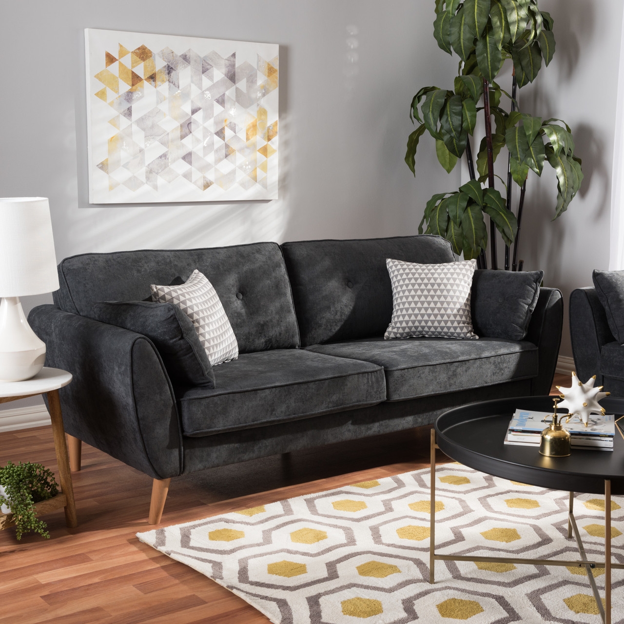 Sofa with Button Tufted Back and Charcoal Gray Tapered Legs