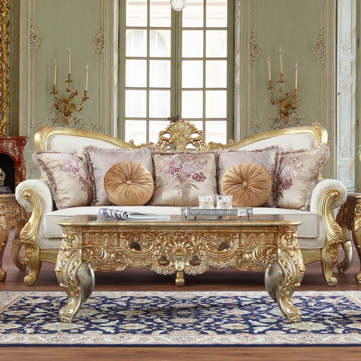 Sofa with Carved Frame and Champagne Antique Metallic Finish