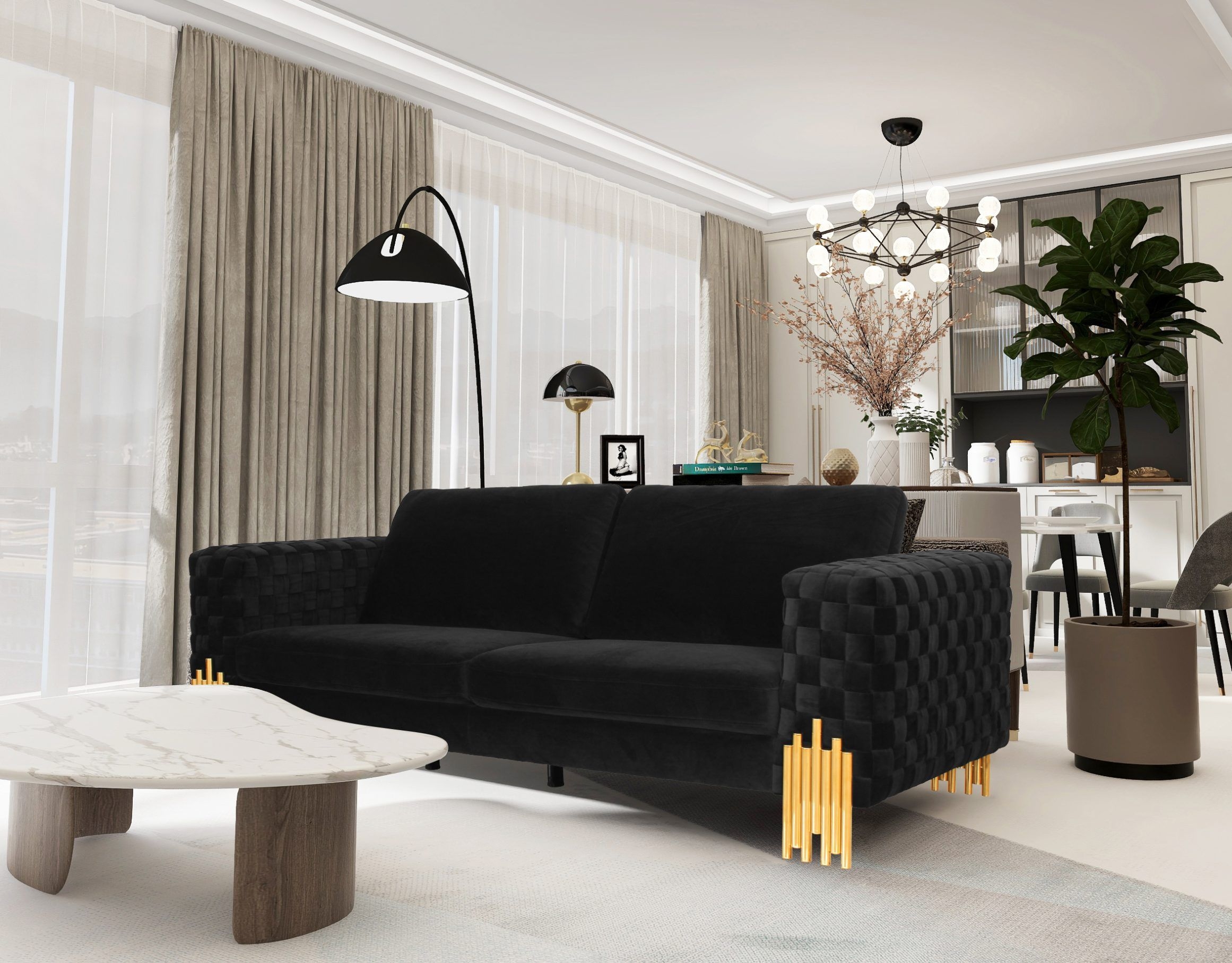 Sofa with Checkered Texture Arms and Upscale Seating
