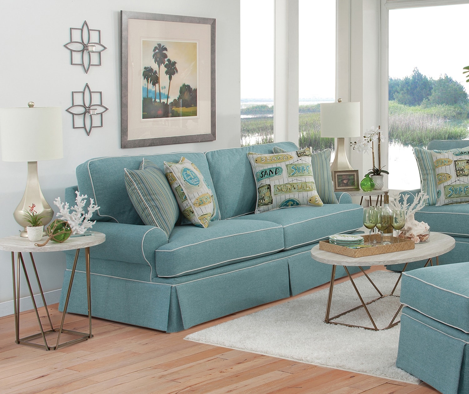 Sofa with Dressmaker Skirt and Coastal Aqua White Piping