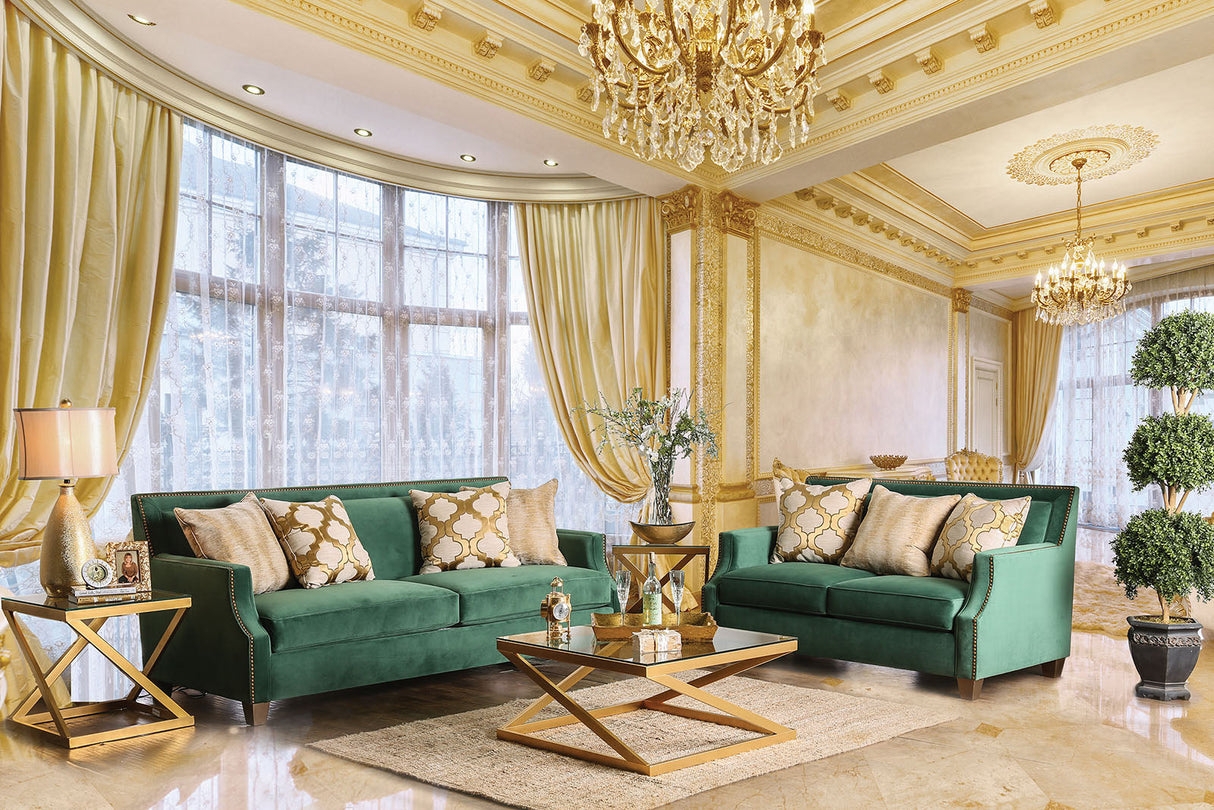 Sofa with Emerald Upholstery and Gold Geometric Base Design