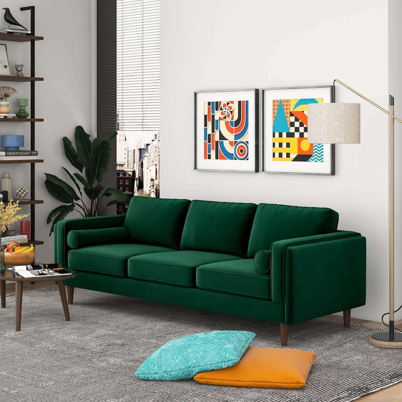 Sofa With Emerald Velvet And Bolster Pillows Luxury