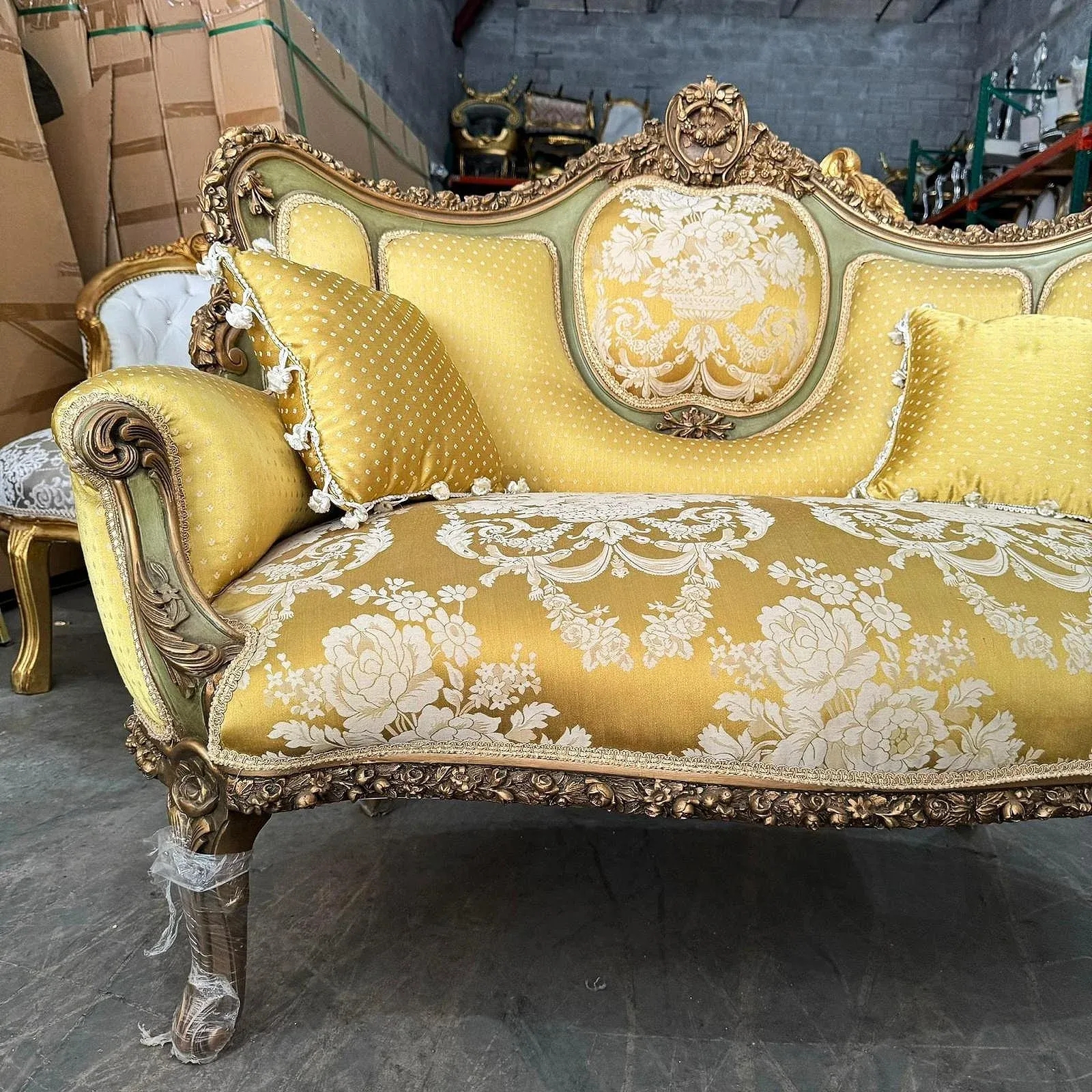 Sofa with Floral Damask and Gilded Carvings in Rococo Style