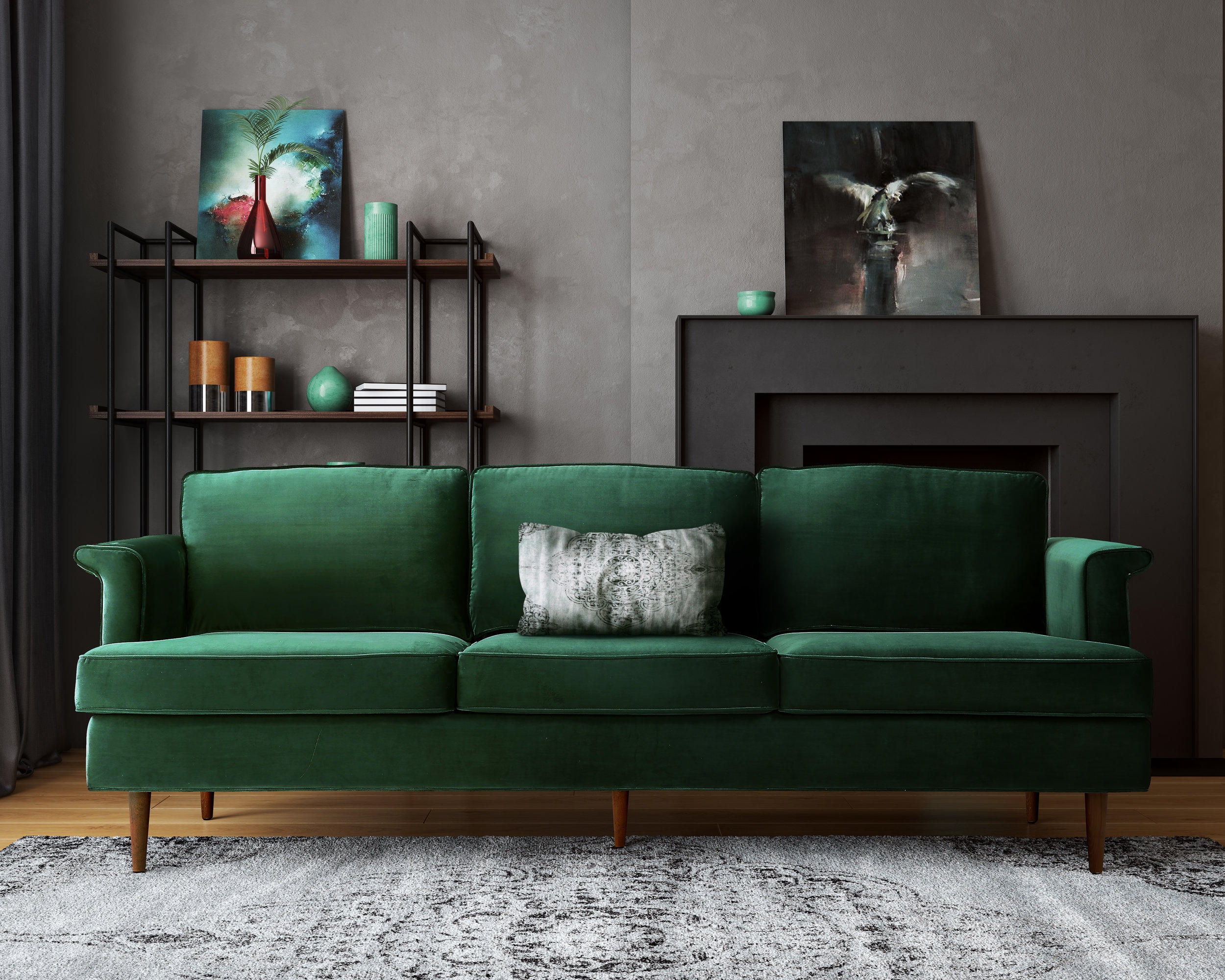 Sofa With Forest Velvet Texture Tapered Wood Style
