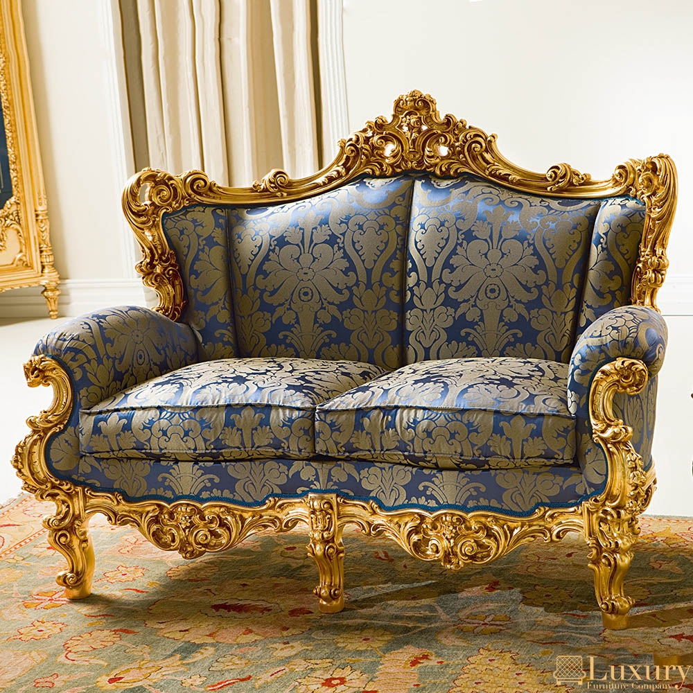 Sofa with Gold Leaf Finish and Blue Damask Luxury Seating