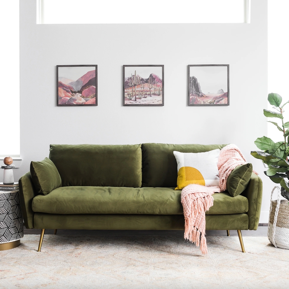 Sofa With Moss Velvet And Tapered Gold Legs Living