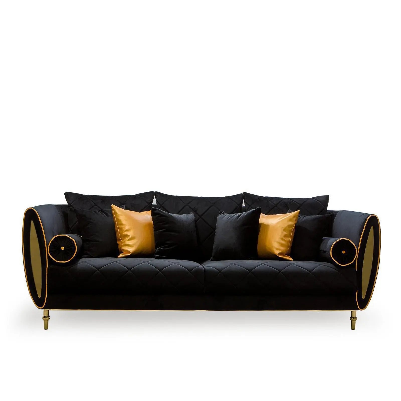Sofa with Oval Gold Arm Inserts and Diamond Quilted Body