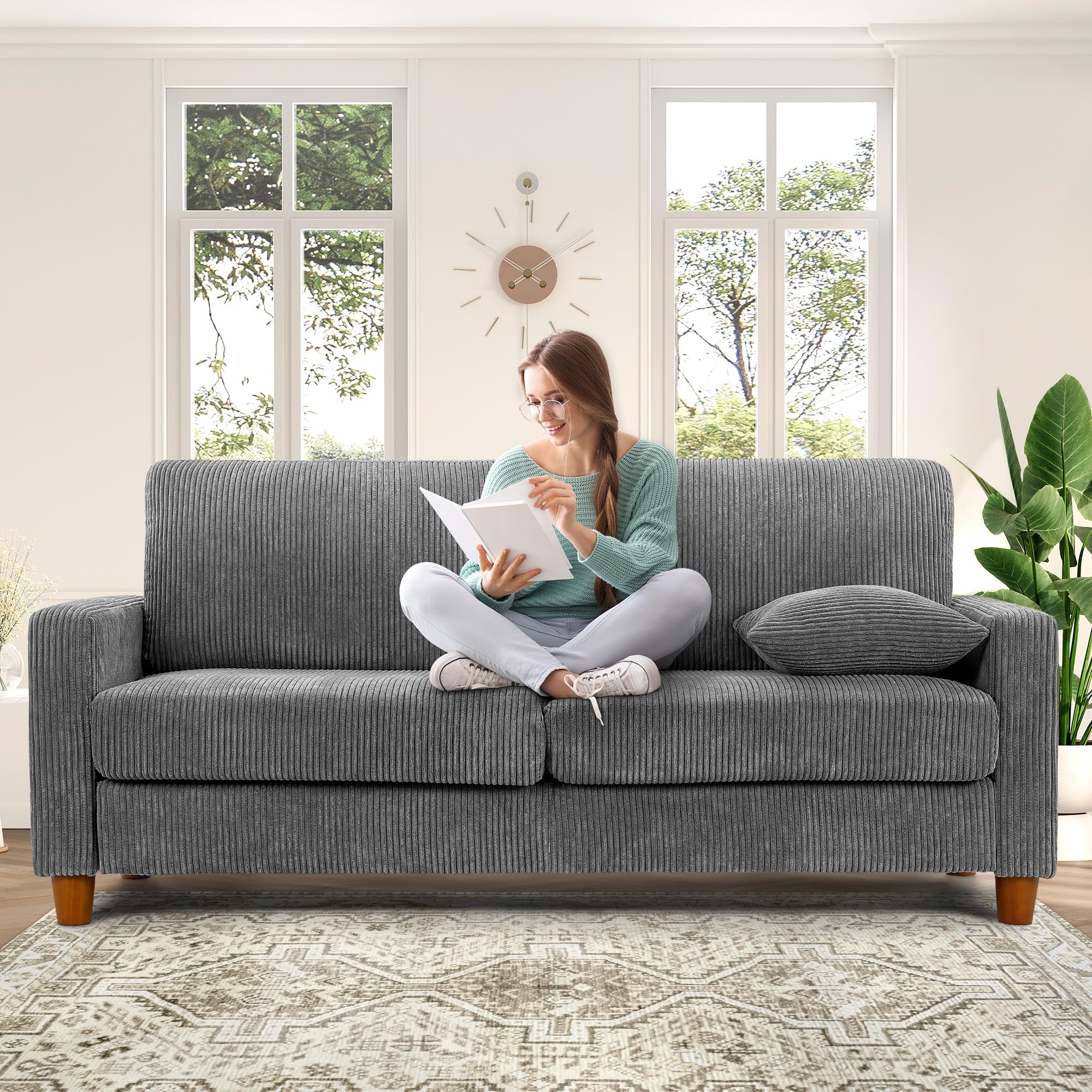Sofa with Ribbed Corduroy Fabric and Tapered Wood Legs