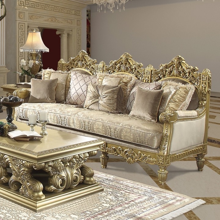 Sofa with Scalloped Back and Ornate Metallic Yellow Carving