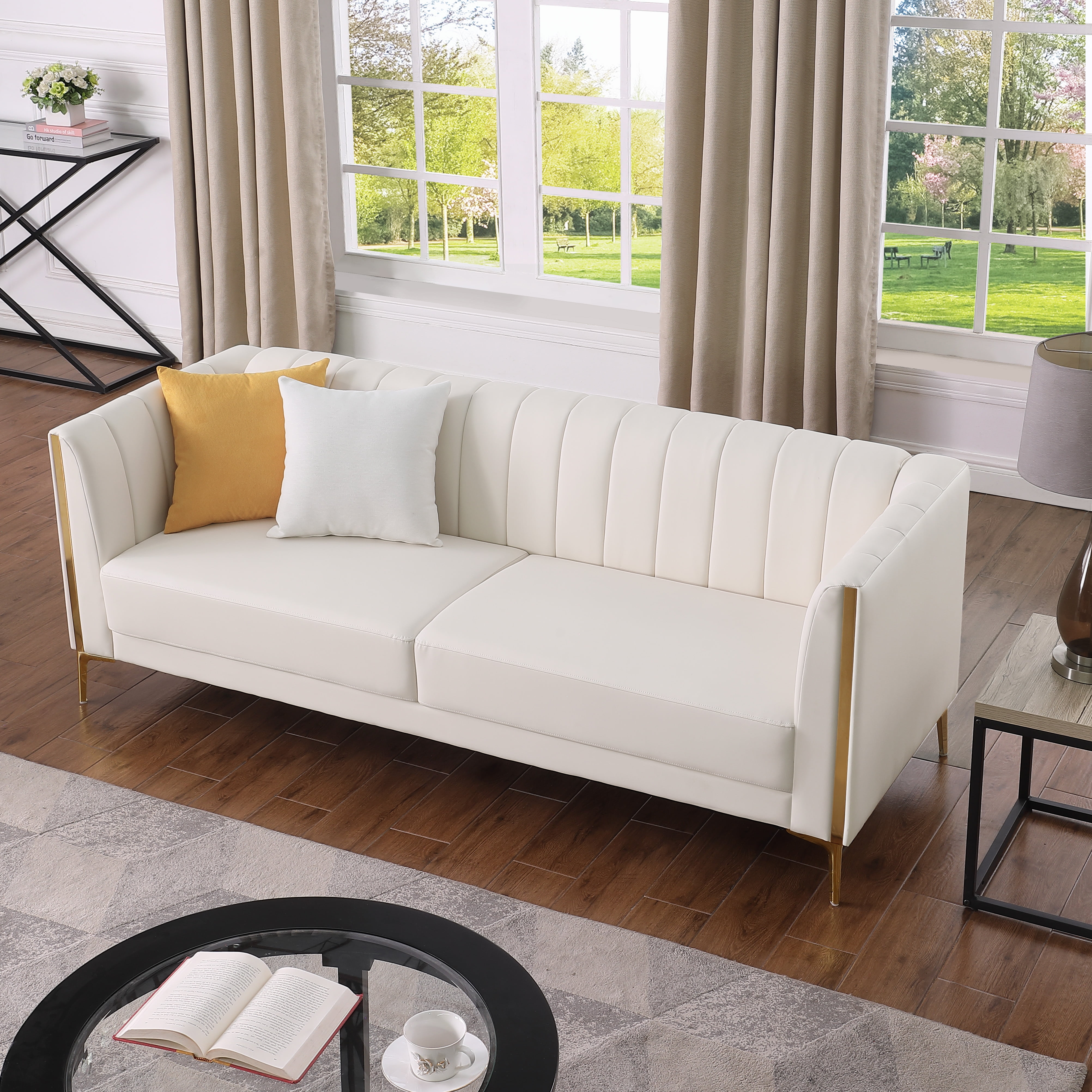 Sofa with Slim Gold Legs and Cream Leather-Like Finish
