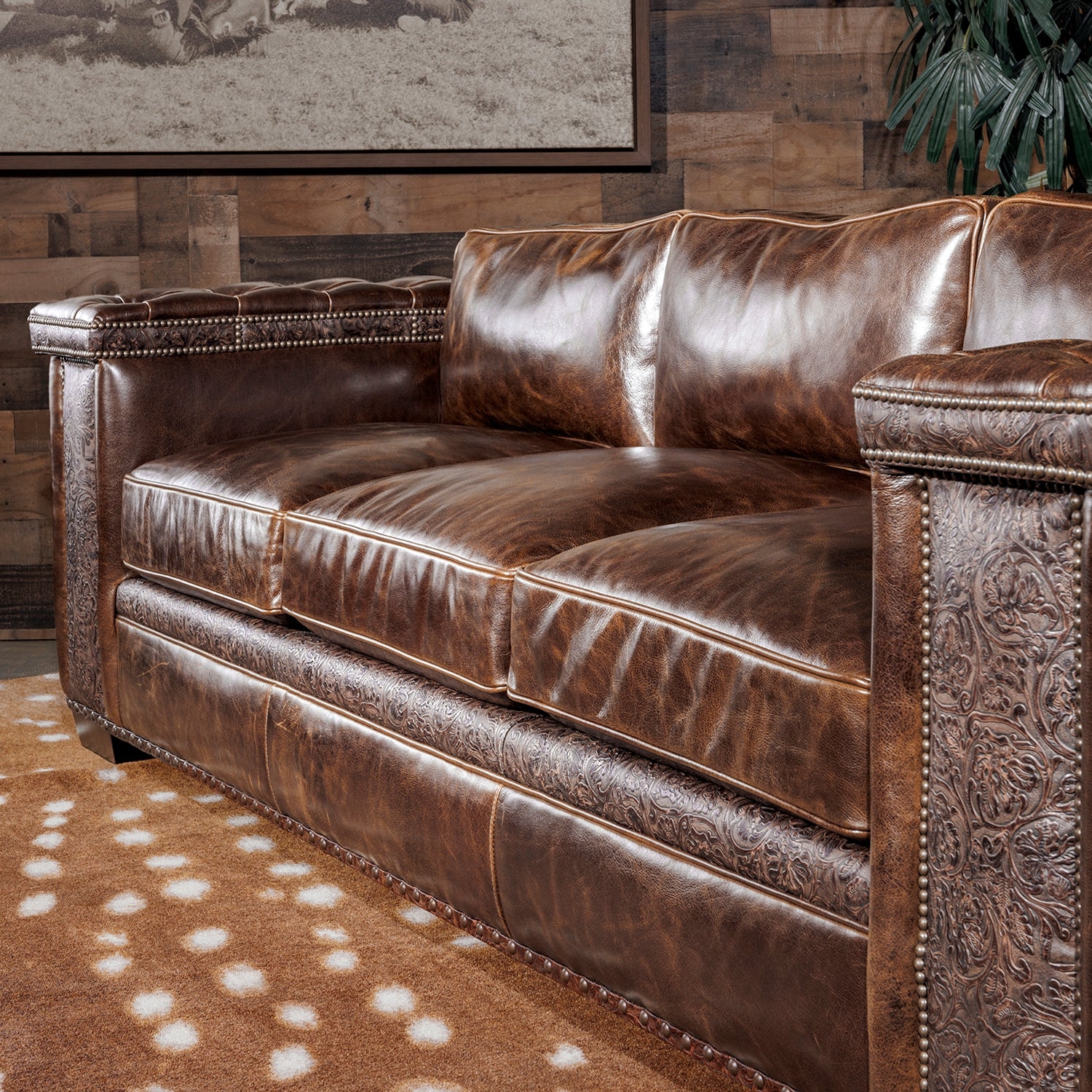 Sofa with Tooled Accents and Western Nailhead Trim Design