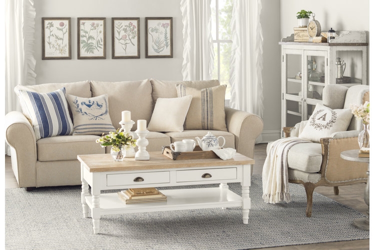 Sofa with Two-Tone Coffee Table and Botanical Framed Wall Art Set