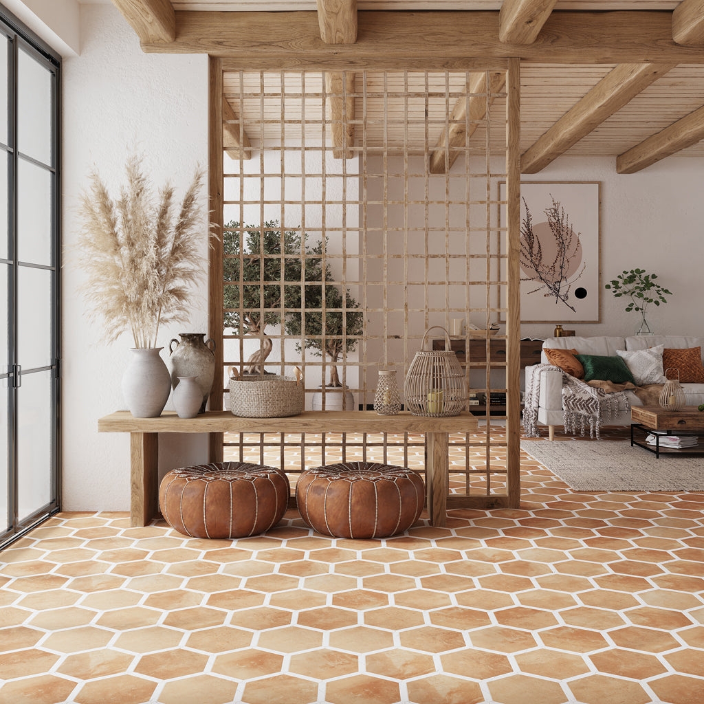 Spanish Tile Flooring Hexagonal White Contrast Grout