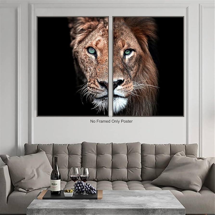 Split Canvas Art Lion And Lioness Split Green Eyes
