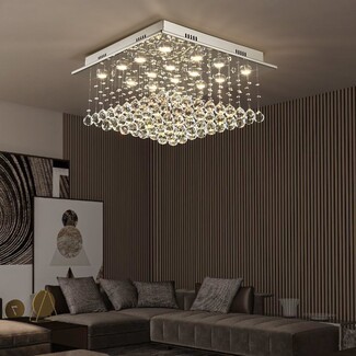 Square Crystal Chandelier Raindrop Flush Mount Low Ceiling Design