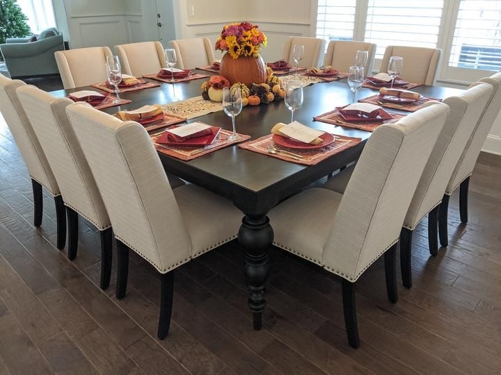 Square Dining Table with Turned Legs and Beige High Back Chairs