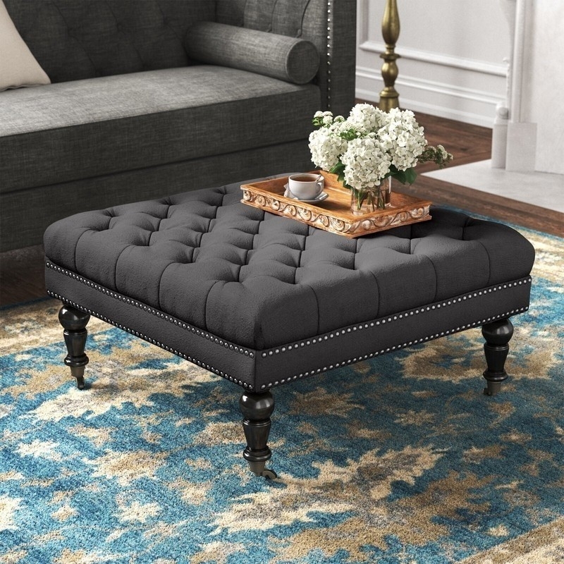 Square Ottoman with Diamond Tufting and Caster Wheels in Grey