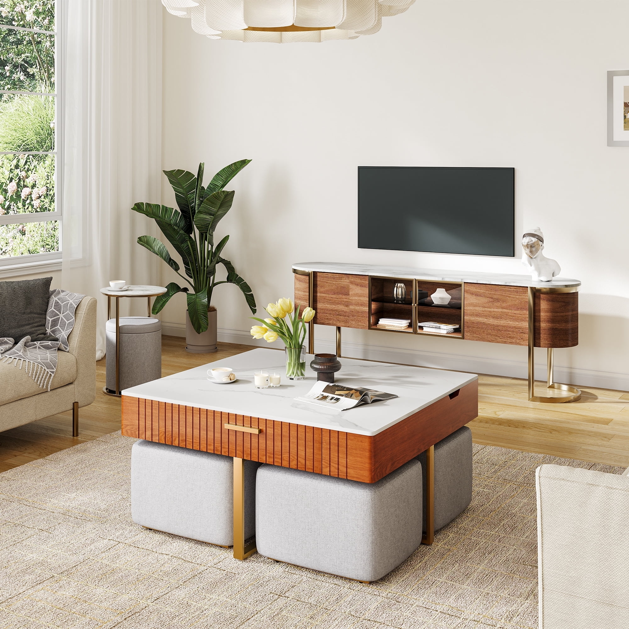 Square Walnut Coffee Table Set with Fluted Wood Base