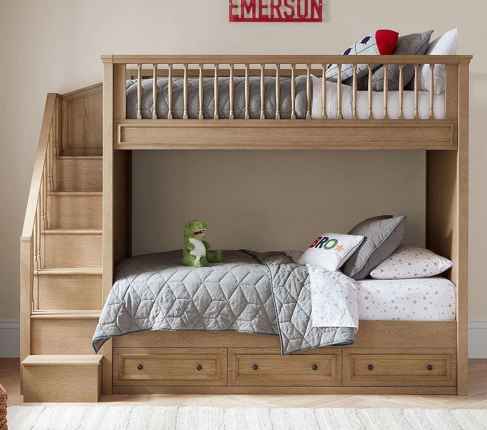 Stair Bunk Bed: Honey Oak Turned Spindles Traditional Wood Bed