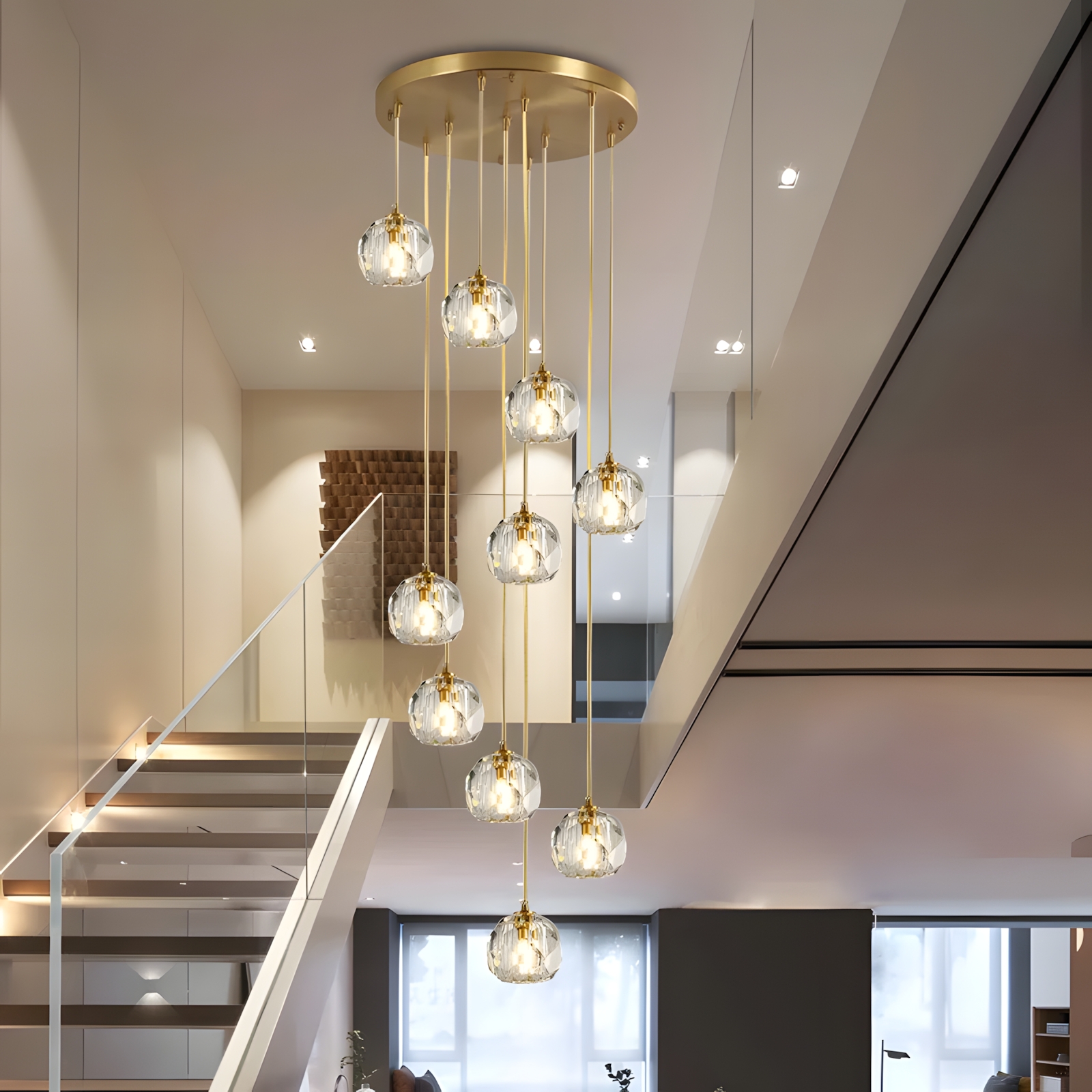 Staircase Chandelier Faceted Glass Globes in Downward Spiral