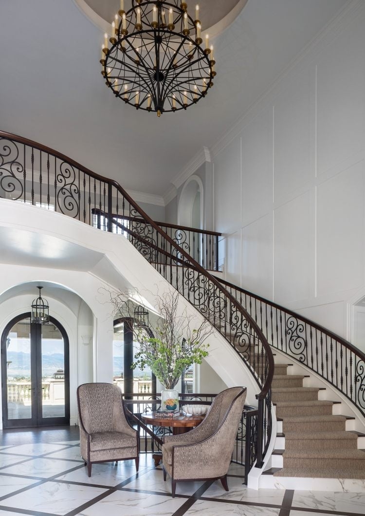 Staircase Chandelier Multi Tier Wheel and Iron Scrollwork