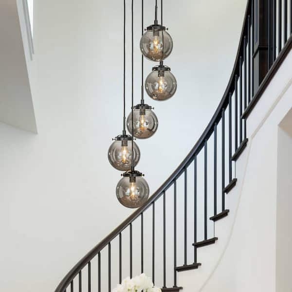 Staircase Chandelier Smoke Globe Glass with Matte Black