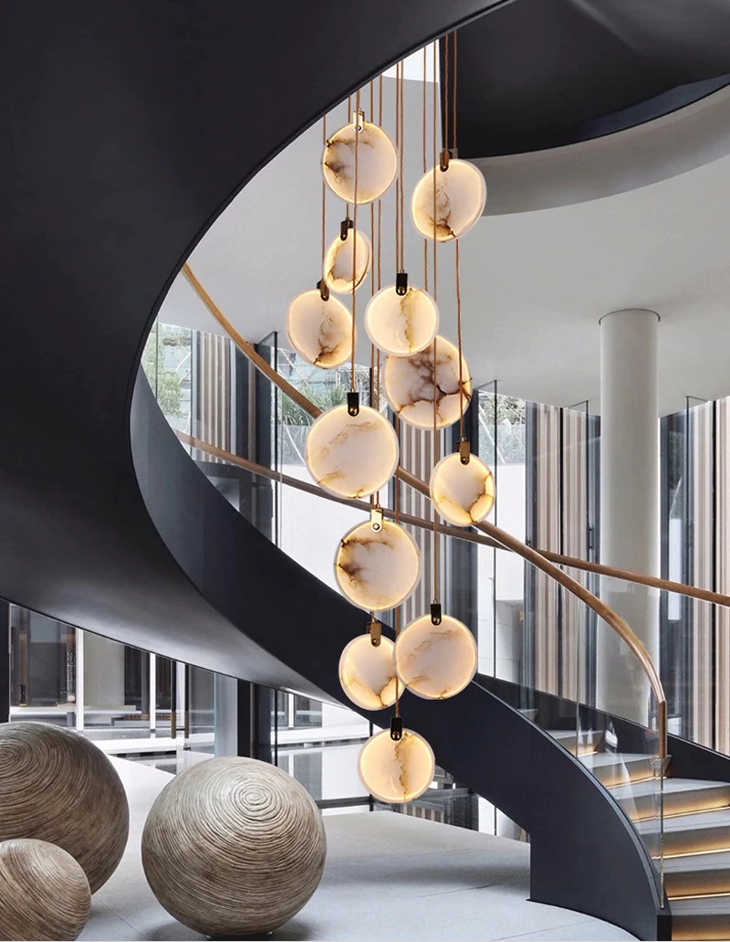 Staircase Chandelier Stone Like Discs with Veined Finish