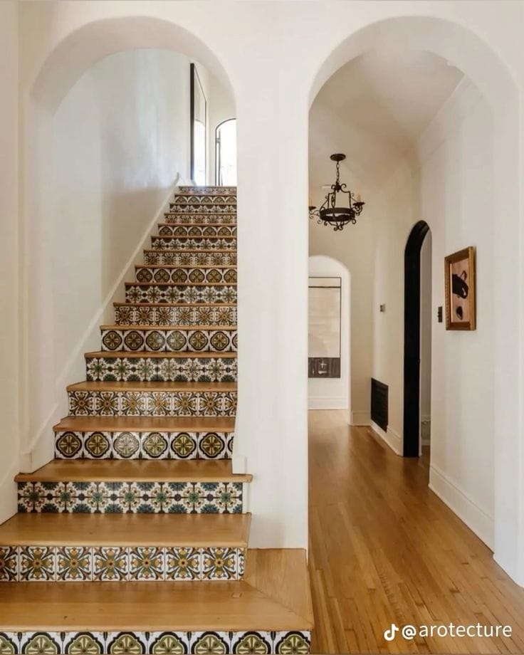 Staircase Tiled Risers and Arched Entry Thresholds