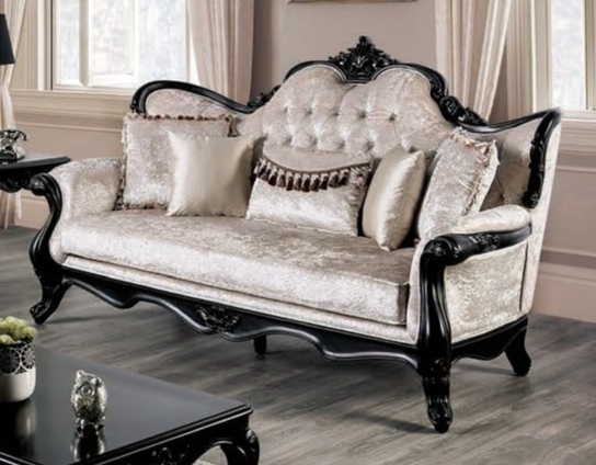 Stationary Sofa Black Carved Trim Champagne Tufting