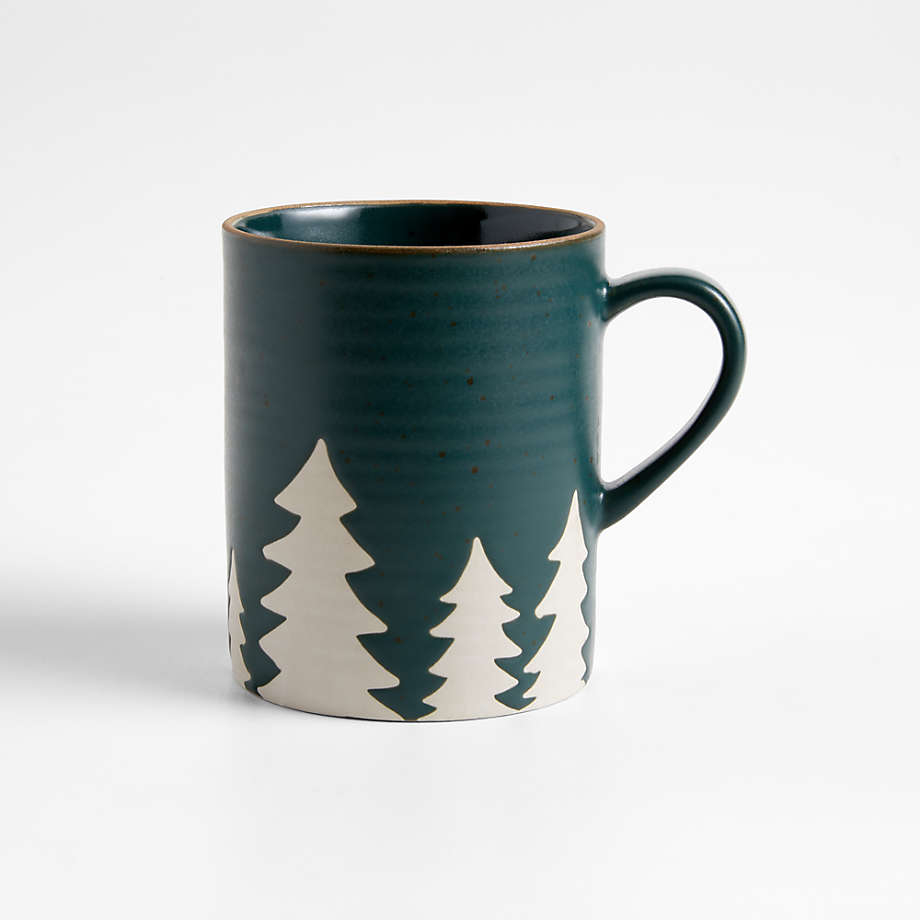 Stoneware Mug with Horizontal Ribbing and White Tree Silhouettes
