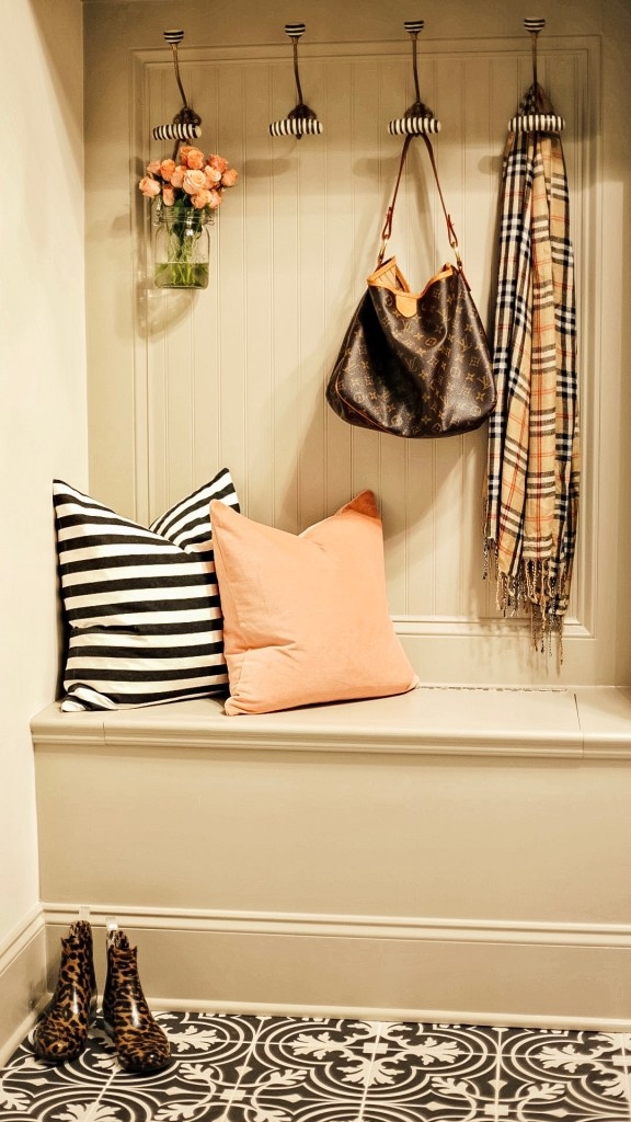 Storage Bench in Recessed Nook with Encaustic Tile Entryway