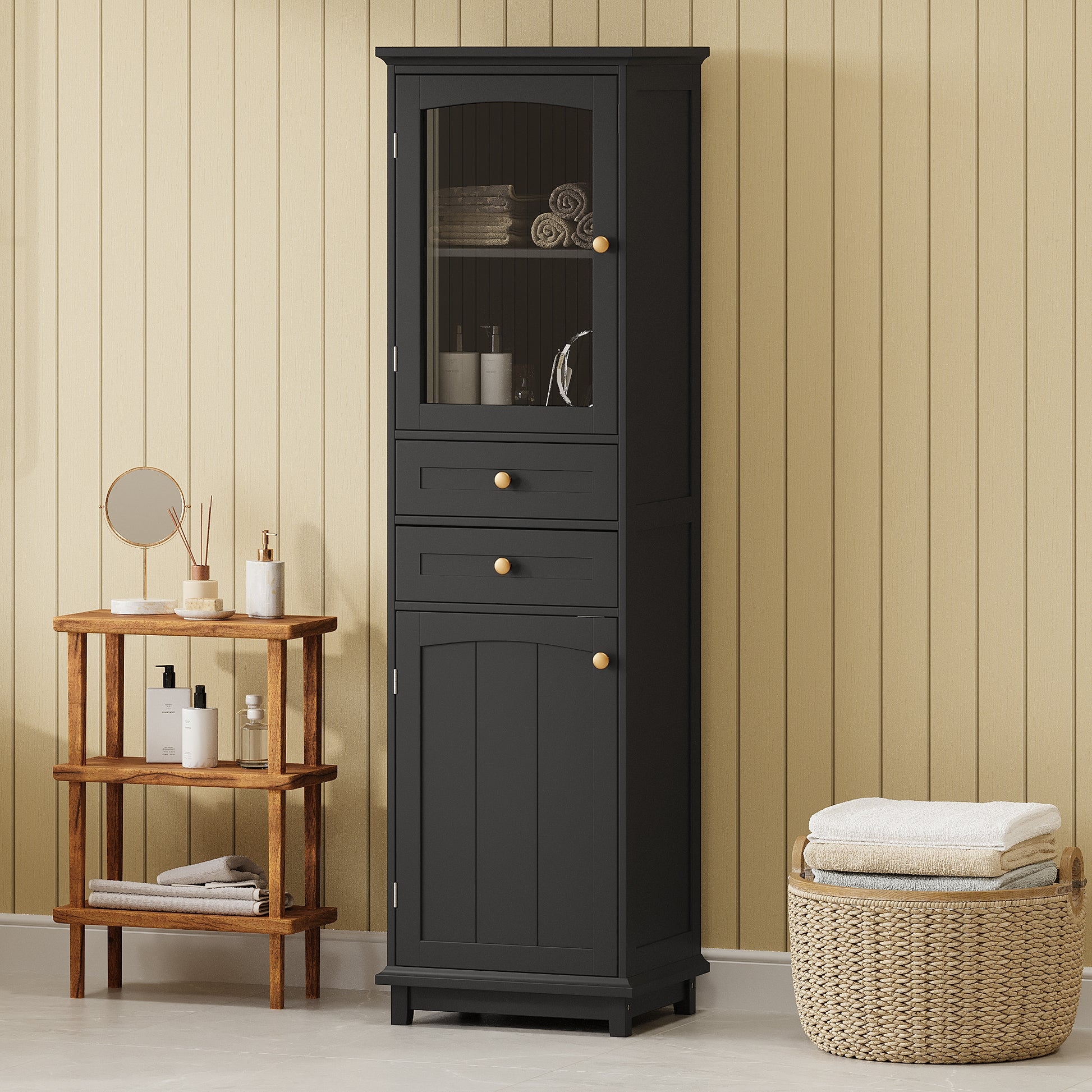 Storage Cabinet: Arched Glass Door Tall Charcoal Cabinet