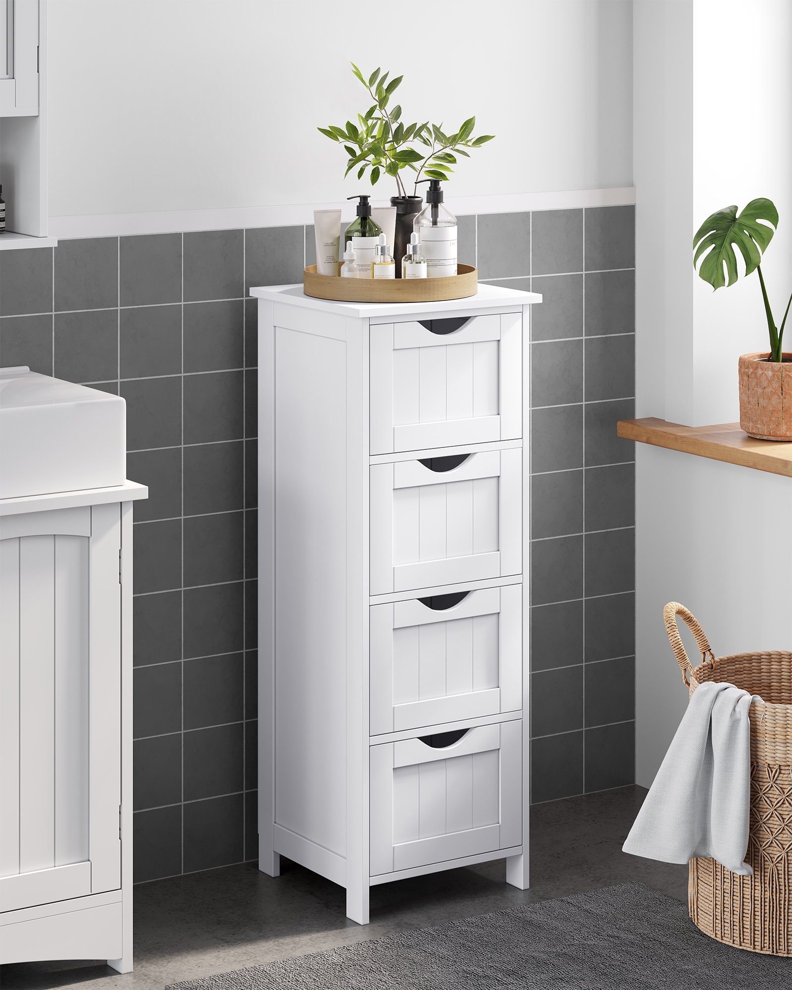 Storage Cabinet: Four Drawers Slim White Bathroom Cabinet
