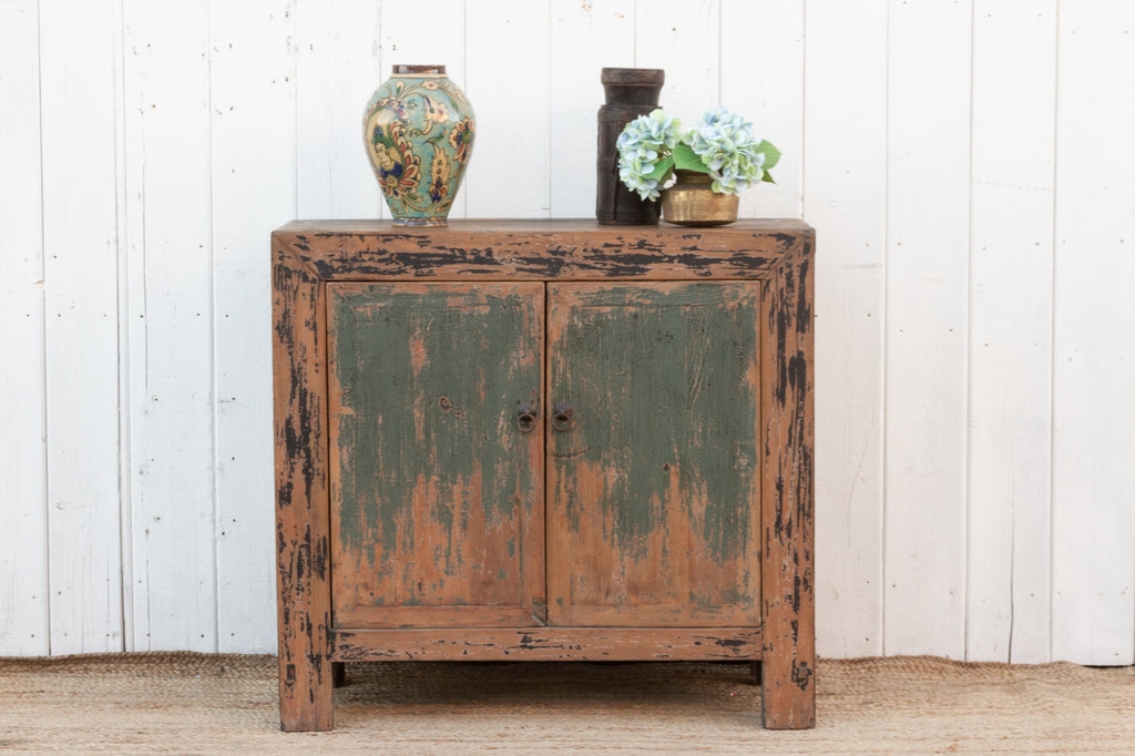Storage Cabinet Vintage Teal Wood Sideboard with Weathered Lacquer